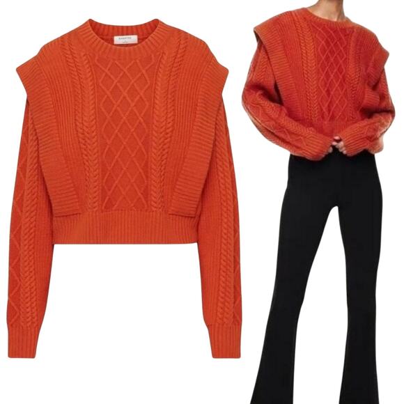 ARITZIA BABTON SWEATER 100% MERINO WOOL CROPPED CABLE KNIT SEEK SHOULDER PAD - Picture 1 of 16